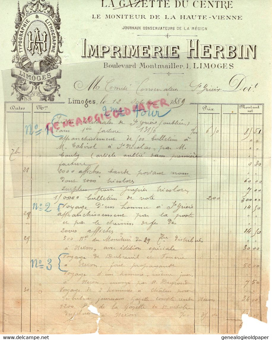 87- LIMOGES- RARE FACTURE IMPRIMERIE HERBIN -LA GAZETTE DU CENTRE MONITEUR HAUTE VIENNE-1 BOULEVARD MONTMAILLER 1889 - Druck & Papierwaren