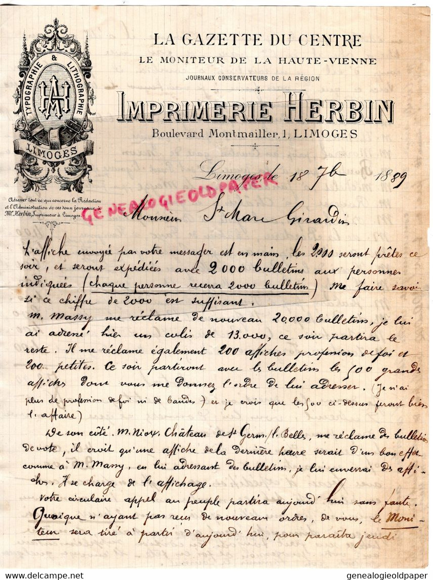 87- LIMOGES-RARE LETTRE IMPRIMERIE HERBIN -GAZETTE CENTRE MONITEUR HAUTE VIENNE-1 BOULEVARD MONTMAILLER 1889-GIRARDIN - Druck & Papierwaren