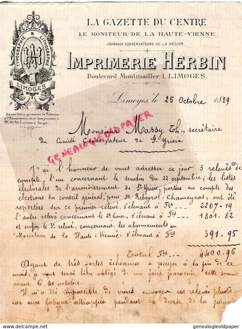 87- LIMOGES-SAINT YRIEIX   LETTRE IMPRIMERIE HERBIN -GAZETTE CENTRE MONITEUR HAUTE VIENNE-1 BOULEVARD MONTMAILLER 1889- - Druck & Papierwaren