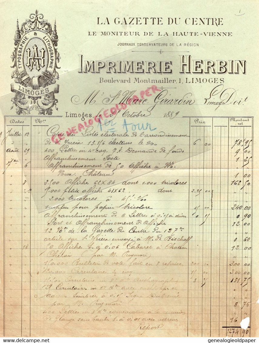 87-LIMOGES-LETTRE IMPRIMERIE HERBIN -GAZETTE CENTRE MONITEUR HAUTE VIENNE-BOULEVARD MONTMAILLER 1889- GIRARDIN ST YRIEIX - Druck & Papierwaren