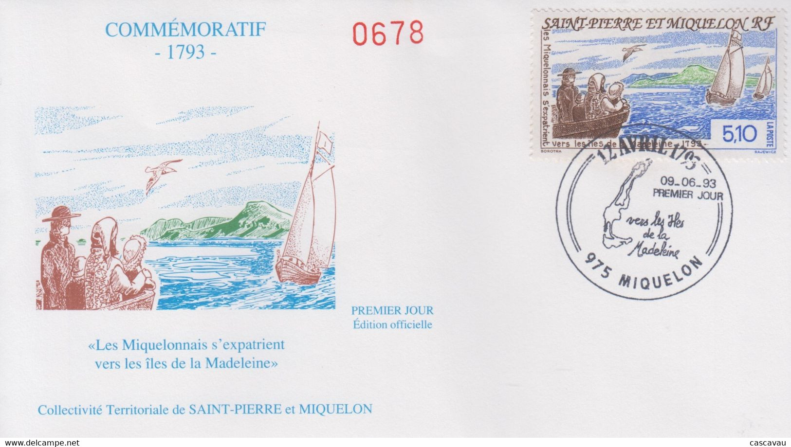 Enveloppe   FDC   1er   Jour    SAINT  PIERRE  Et  MIQUELON   Exode   Vers   Les  Iles  De  La  Madeleine   1993 - FDC