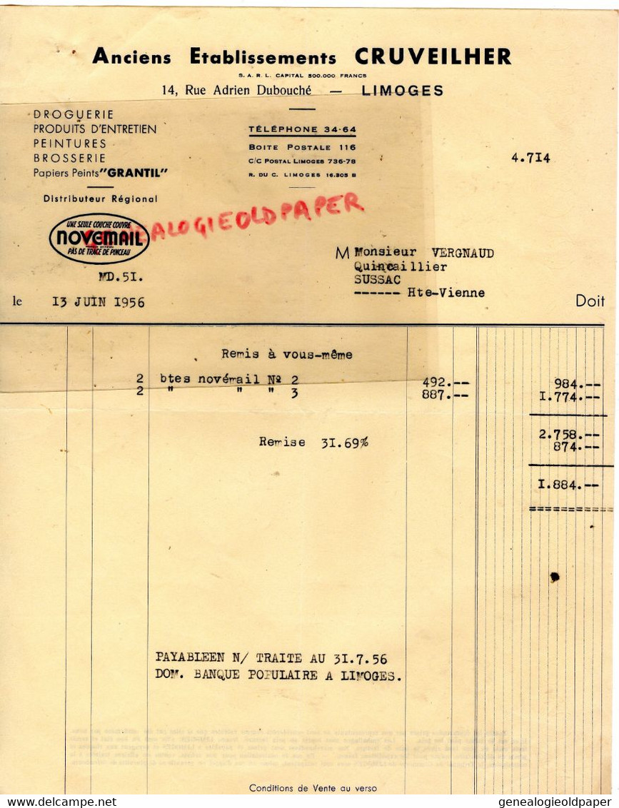 87- LIMOGES- FACTURE CRUVEILHER DROGUERIE BROSSERIE GRANTIL-14 RUE ADRIEN DUBOUCHE- VERGNAUD QUINCAILLER A SUSSAC-1956 - Perfumería & Droguería