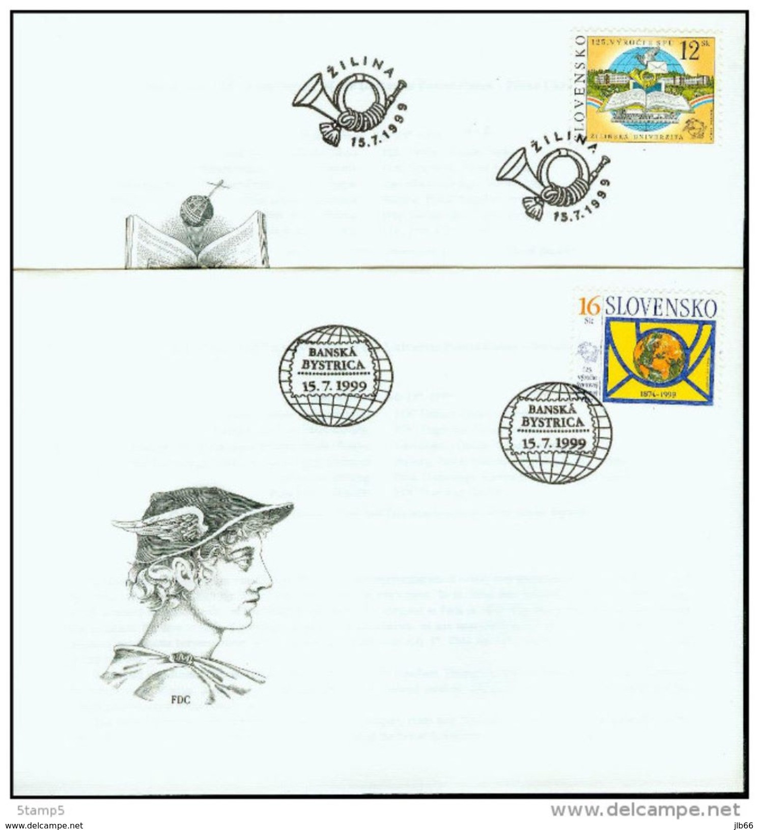 2 FDC 184/5 SLOVAQUIE 1999 Mi 344/5 Yv 300/1 125 Ans De L' UPU Université Poste De ZILINA Cor Pigeon Ordinateur Globe - FDC