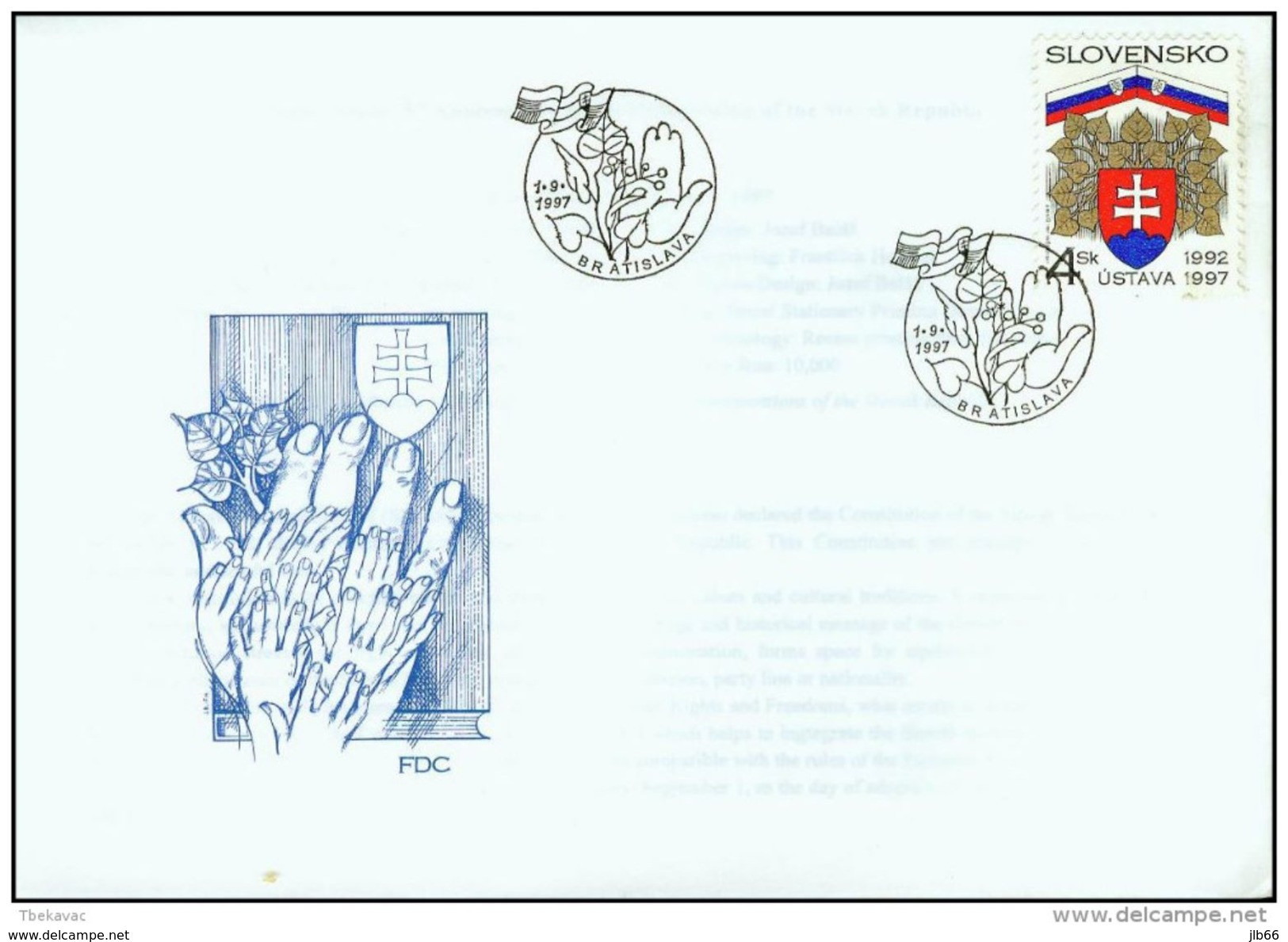 FDC 127 SLOVAQUIE 1997 Mi 287 Yv 245 5 Ans De La Constitution De La République Slovaque - FDC