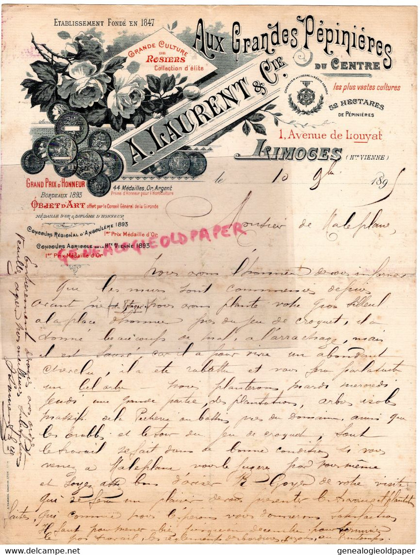 87- LIMOGES- RARE LETTRE MANUSCRITE  1895  A. LAURENT AUX GRANDES PEPINIERES DU CENTRE-1 AVENUE LOUYAT- - Landwirtschaft