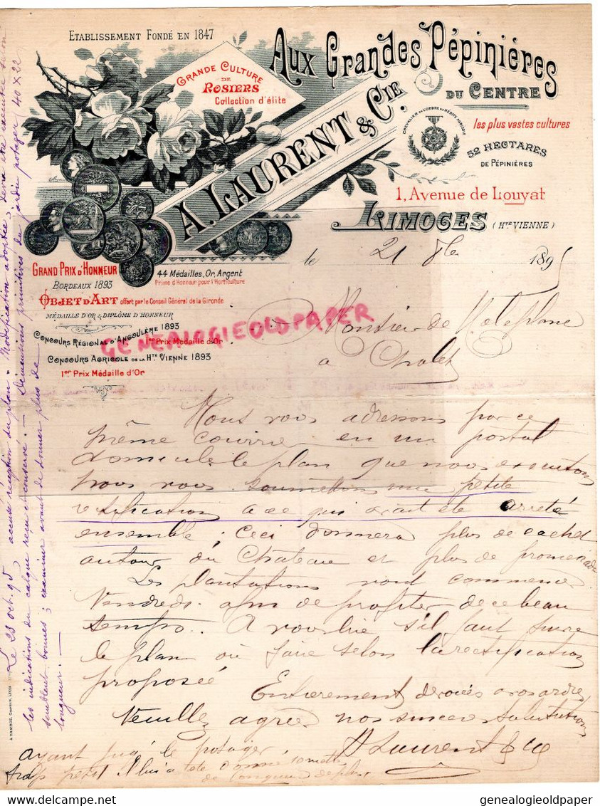 87- LIMOGES- RARE LETTRE MANUSCRITE  1895  A. LAURENT AUX GRANDES PEPINIERES DU CENTRE-1 AVENUE LOUYAT- - Agriculture