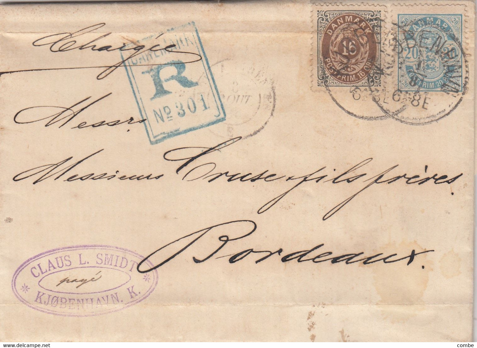 DANMARK. LETTRE CHARGEE. 1 AOUT 1885. RECOMMANDE. 16o + 20o. CLAUS L.SMIDT  KJØBENHAVN. POUR CRUSE FILS BORDEAUX - Brieven En Documenten