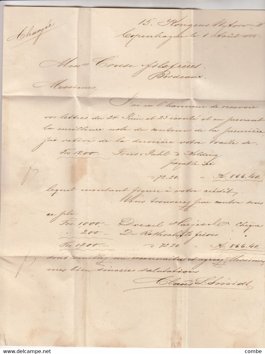 DANMARK. LETTRE CHARGEE. 1 AOUT 1885. RECOMMANDE. 16o + 20o. CLAUS L.SMIDT  KJØBENHAVN. POUR CRUSE FILS BORDEAUX - Briefe U. Dokumente