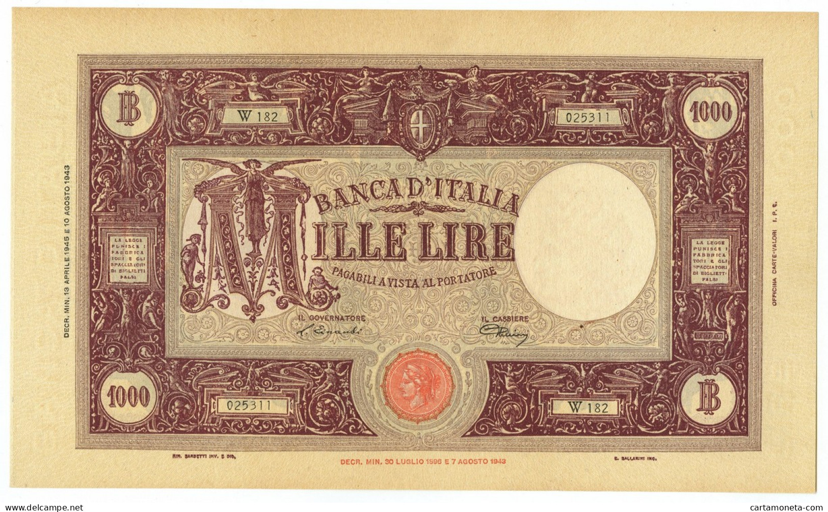 1000 LIRE BARBETTI GRANDE M TESTINA RETRO BI LUOGOTENENZA 13/04/1945 SUP+ - Andere