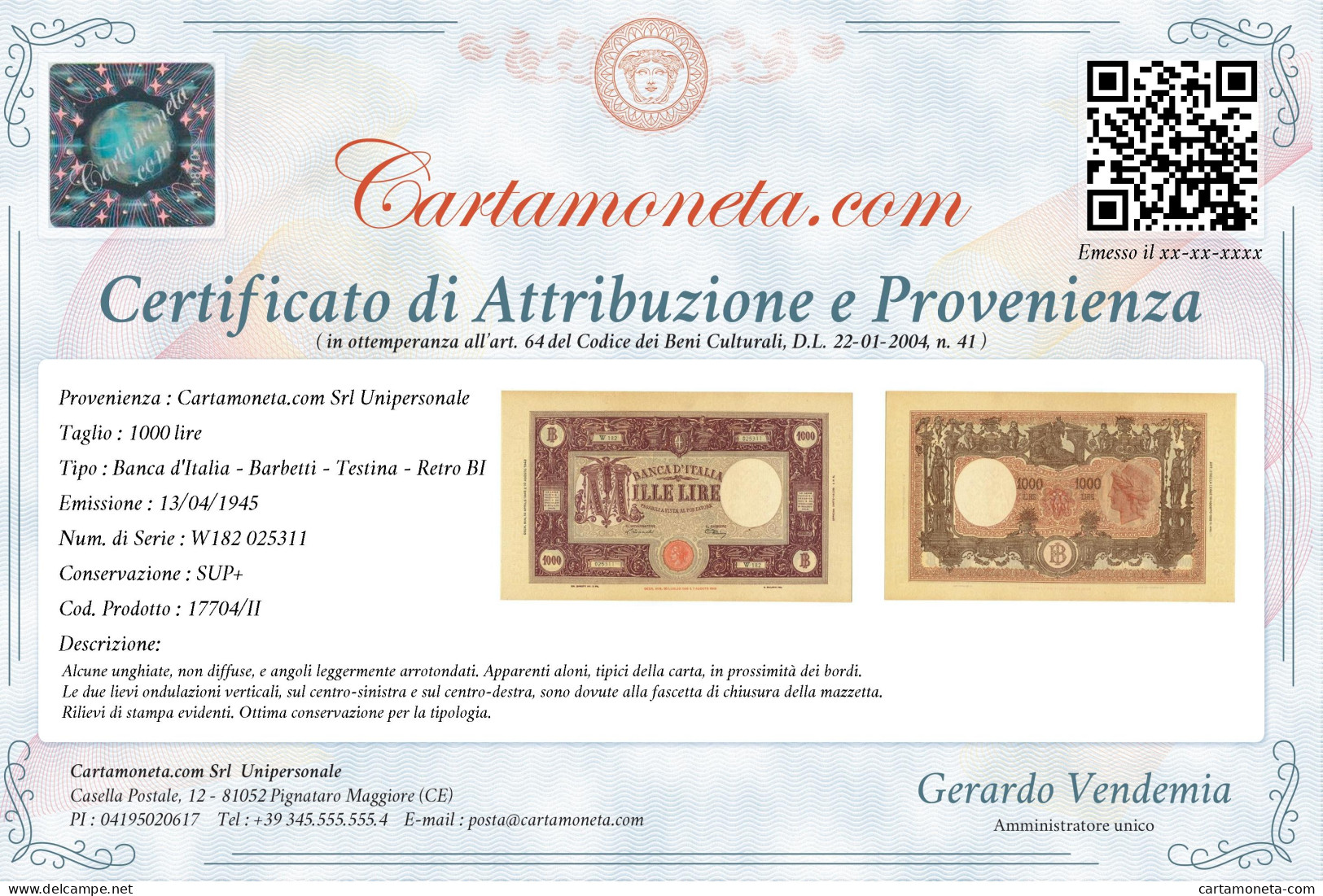 1000 LIRE BARBETTI GRANDE M TESTINA RETRO BI LUOGOTENENZA 13/04/1945 SUP+ - Regno D'Italia – Other