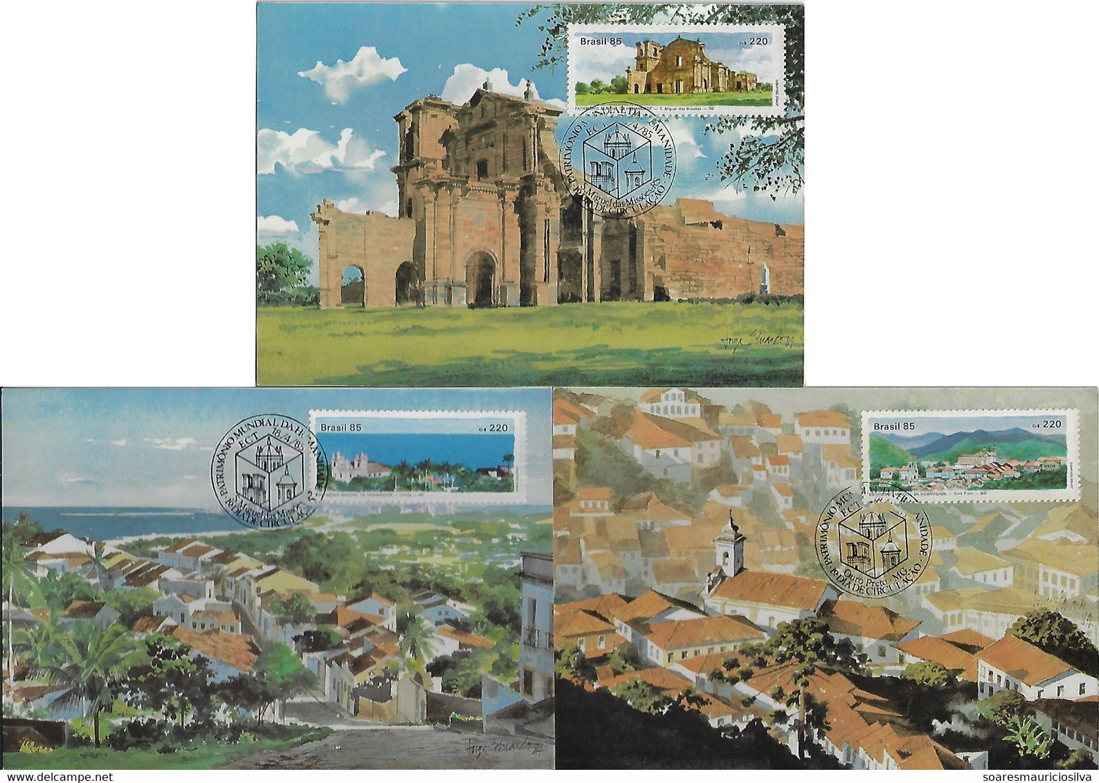 Brazil 1985 Complete Series 3 Maximum Card World Heritage Humanity Architecture Olinda Ouro Preto São Miguel Das Missões - Maximumkarten