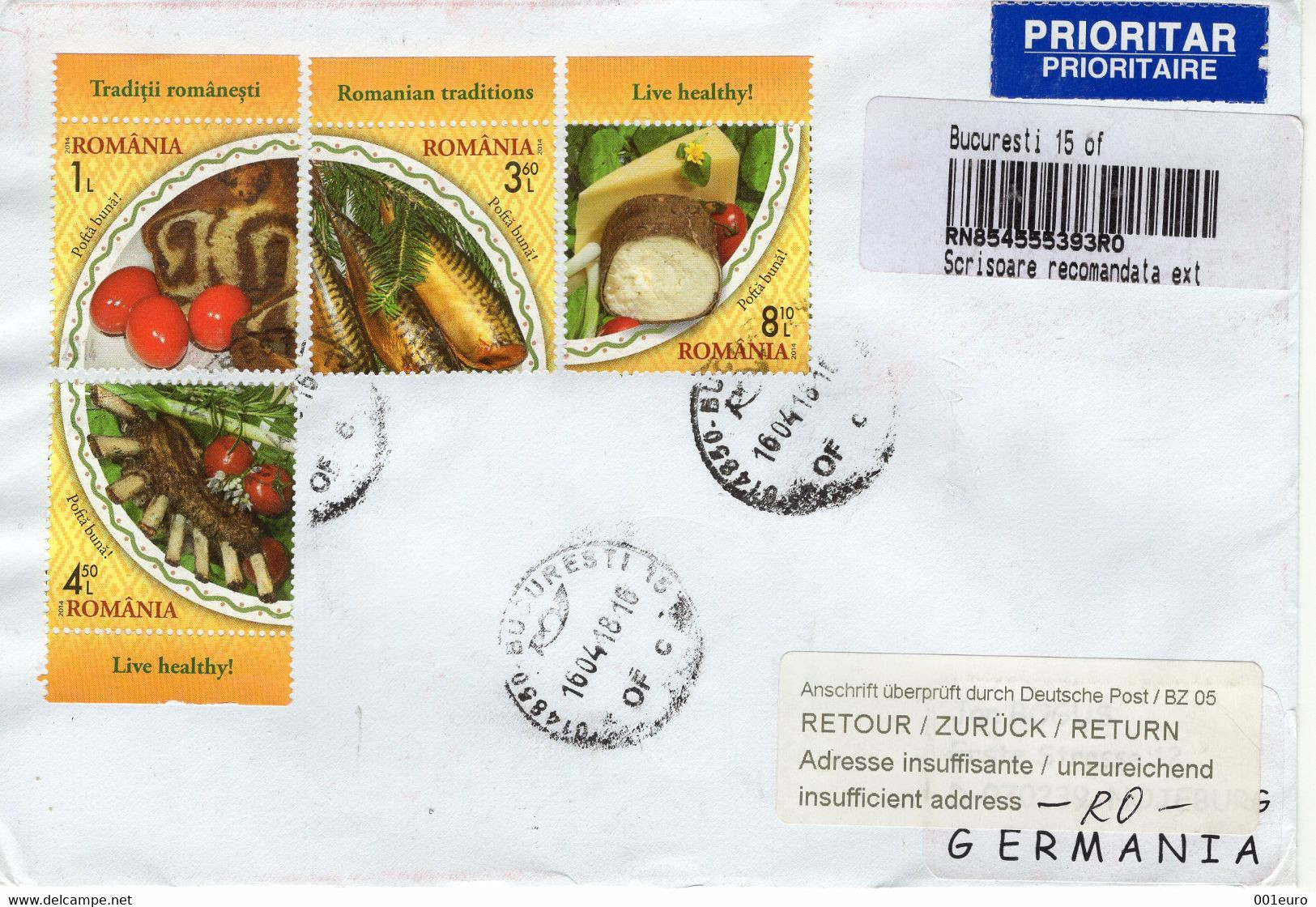 ROMANIA  2014 : GASTRONOMY Set On Returned REGISTERED Cover From GERMANY - Registered Shipping! - Covers & Documents