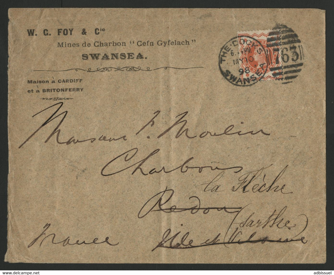 N° 91 Obl. Duplex Vertical Numeral "THE DOCKS SWANSEA 10/5/98" + "763" Pour La France. Voir Suite - Lettres & Documents