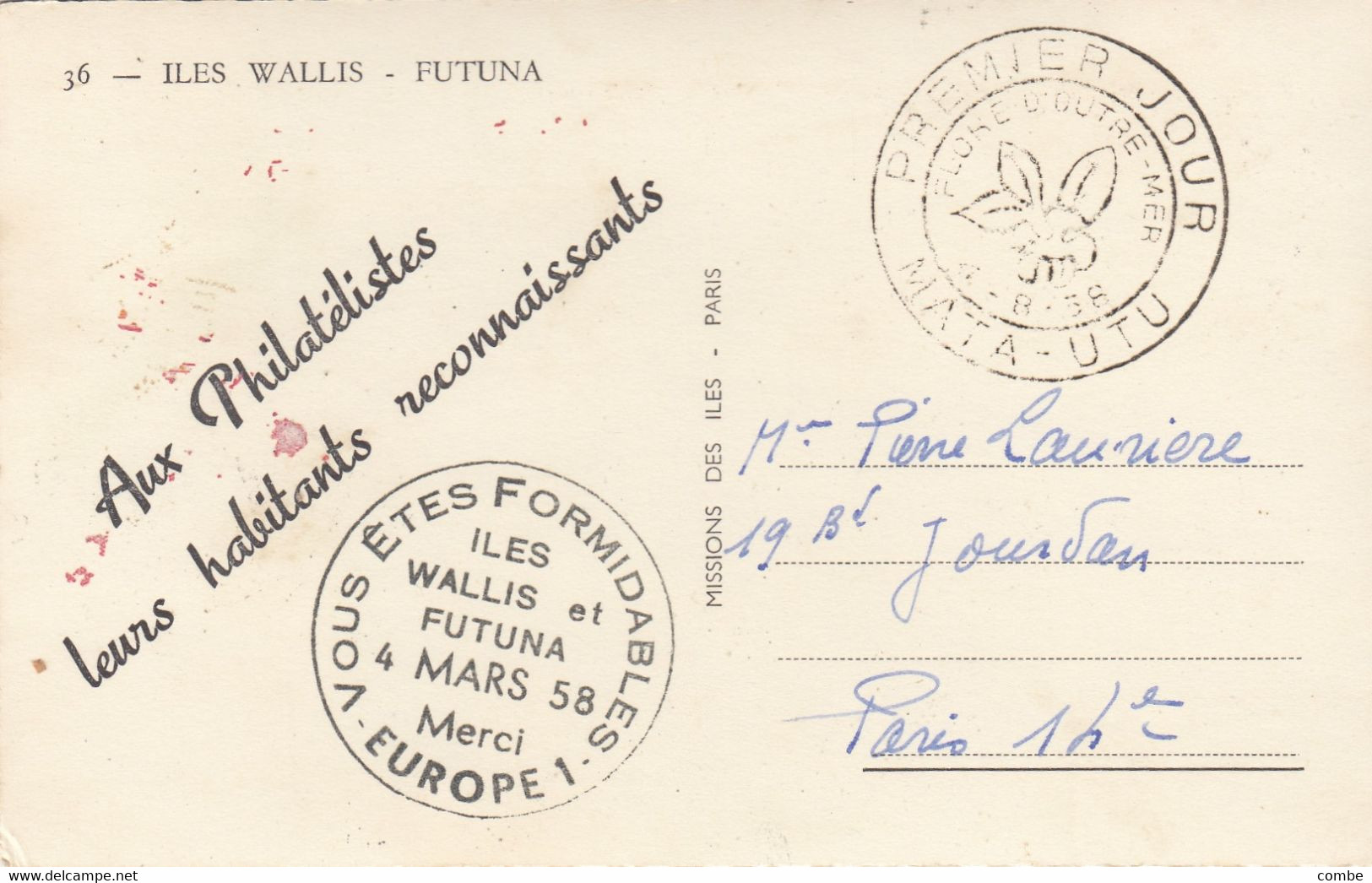 CARTE WALLIS. PREMIER JOUR 1958      / 2 - Lettres & Documents