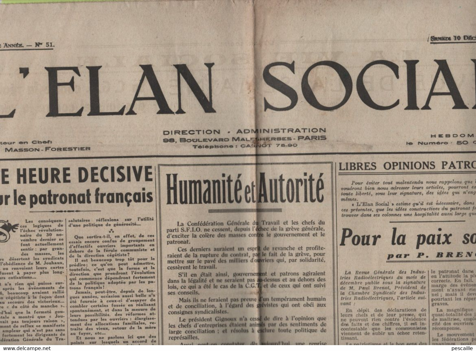 L'ELAN SOCIAL 10 12 1938 - ALLOCATIONS FAMILIALES - VIE CHERE - HUMANITE & AUTORITE - PATRONAT - LILLE FONDEURS DU NORD - General Issues