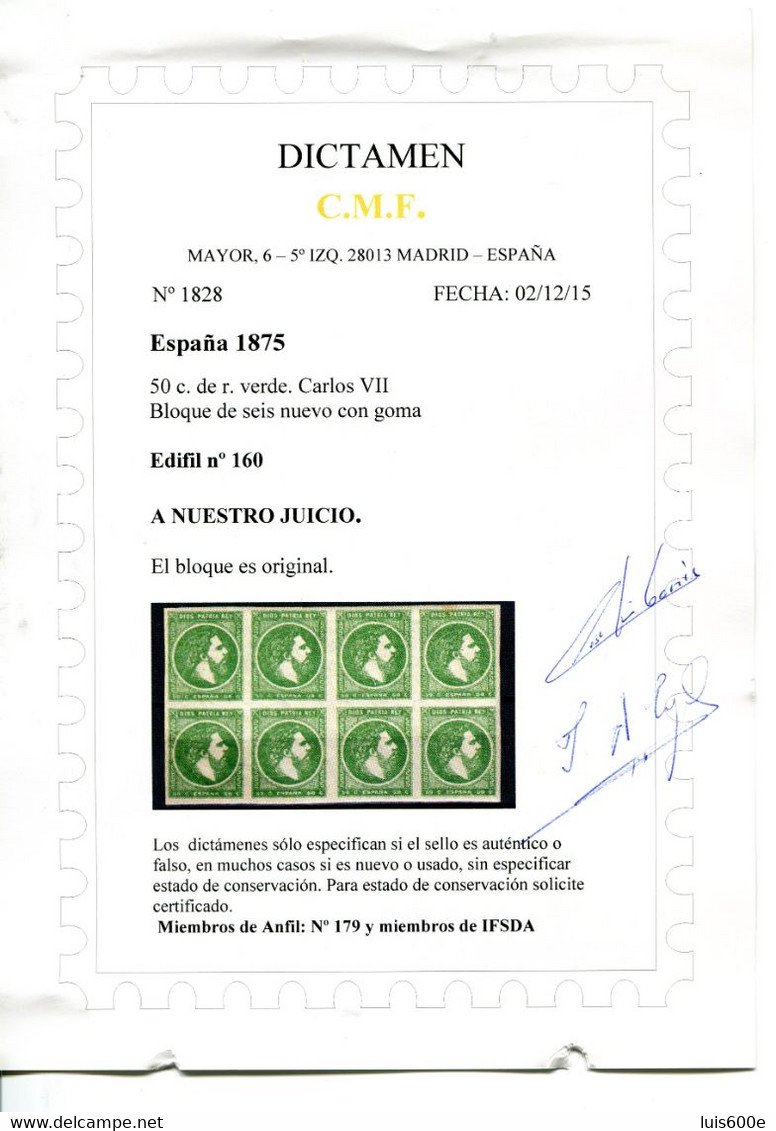 1875.ESPAÑA.EDIDIL 160**.NUEVO..PRECIOSO BLOQUE  DE 8.DICTAMEN CMF.CATALOGO 120€ - Unused Stamps