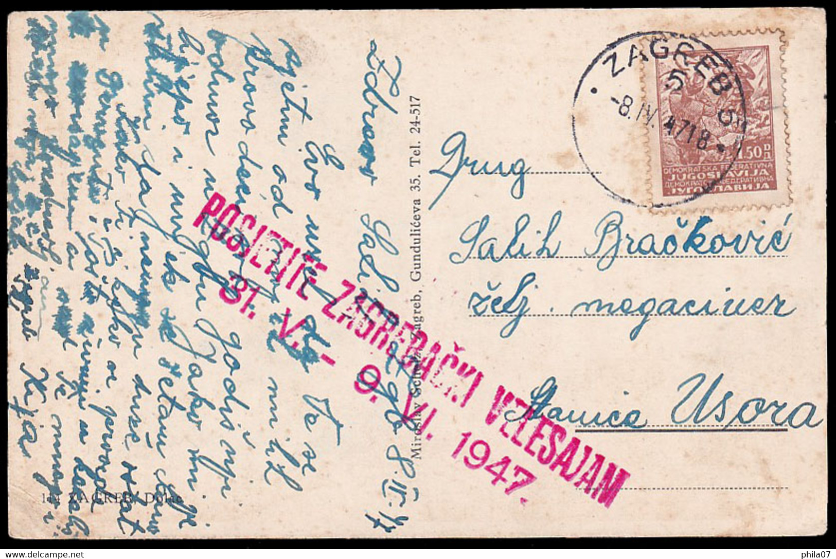 YUGOSLAVIA - Postcard Of Zagreb Sent From Zagreb To Usor 08.04. 1947, With Propaganda Cancel In Red Color / 2 Scans - Autres & Non Classés