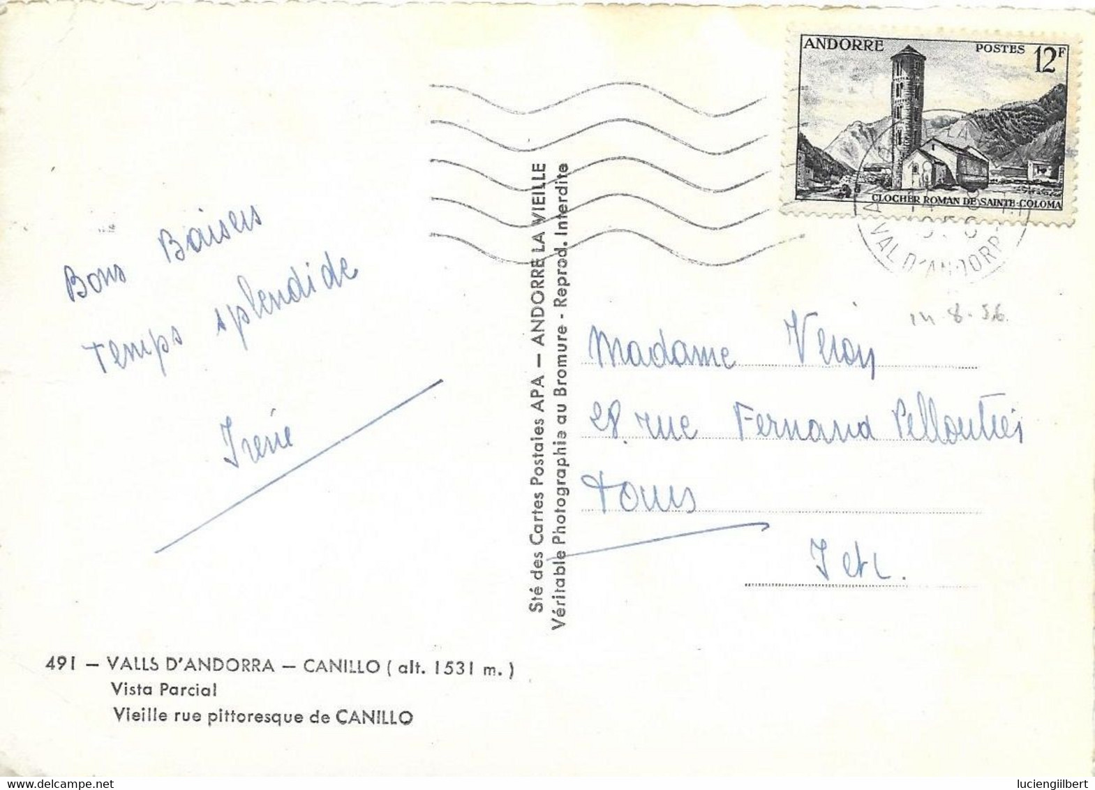 ANDORRE -    TIMBRES  N° 145  -  SAINTE COLOMA  -  TARIF CP 6 01 49 AU 30 6 57  -  1956 - Covers & Documents