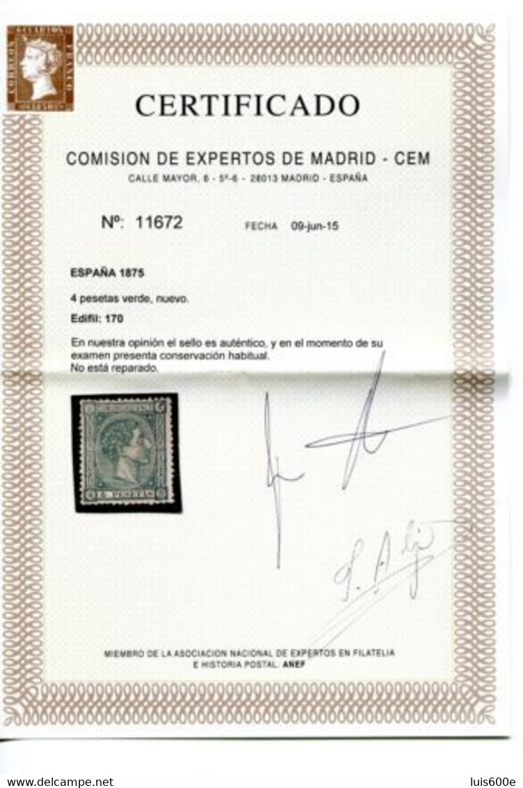 1875.ESPAÑA.EDIFIL 170*.NUEVO CON FIJASELLOS(MH).CERTIFICADO CEM.PRECIOSOS.CATALOGO 900€ - Unused Stamps