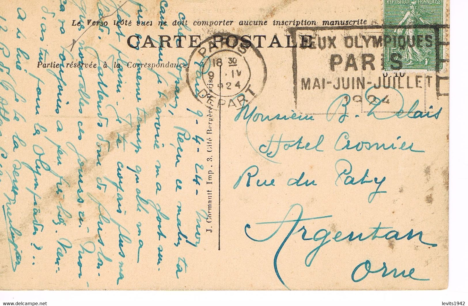 MARQUE POSTALE -  JEUX OLYMPIQUES 1924 - PARIS DEPART - 09-04-1924 - - Sommer 1924: Paris