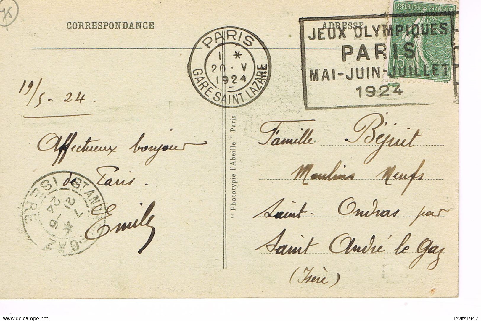 MARQUE POSTALE -  JEUX OLYMPIQUES 1924 - GARE SAINT LAZARE - 20-05-1924 - - Ete 1924: Paris