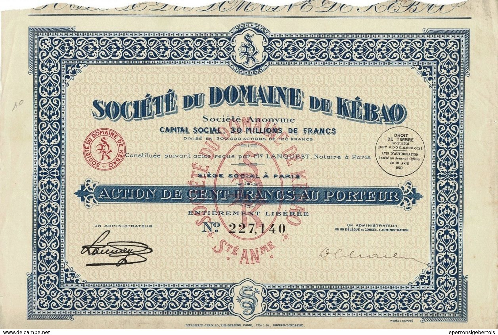 - Titre De 1930 - Société Du Domaine De Kébao - Mine De Charbon - Tonkin - Société Anonyme - Déco - - Azië