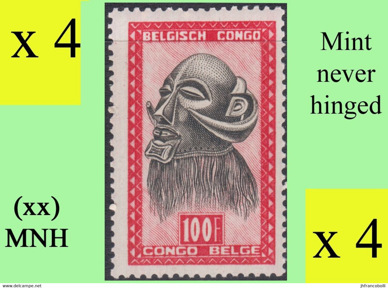 1947 ** BELGIAN CONGO / CONGO BELGE = COB 295 MNH MASKS & CARVINGS : BLOCK OF -4- STAMPS WITH ORIGINAL GUM - Blocks & Sheetlets