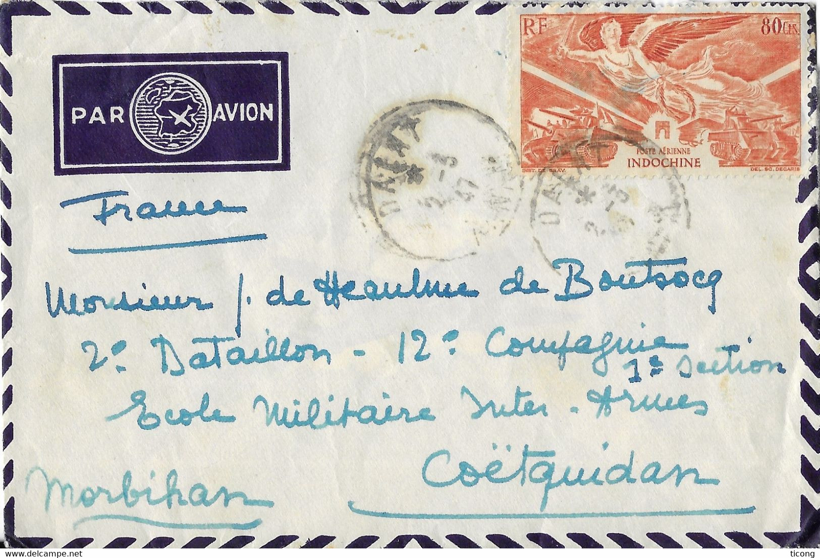 INDOCHINE DALAT 1947 POUR LE CAMP DE COETQUIDAN MORBIHAN FRANCE  - TCHAD AU RHIN SUR LETTRE, VOIR LES SCANNERS - 1946 Tchad Au Rhin