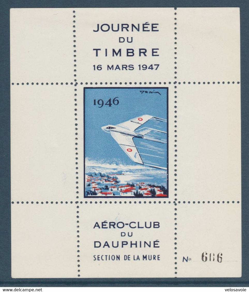 FEUILLET  JOURNEE DU TIMBRE 1947 DE L'AERO CLUB DU DAUPHINE DE LA MURE DESSINE PAR DRAIM - Aviación