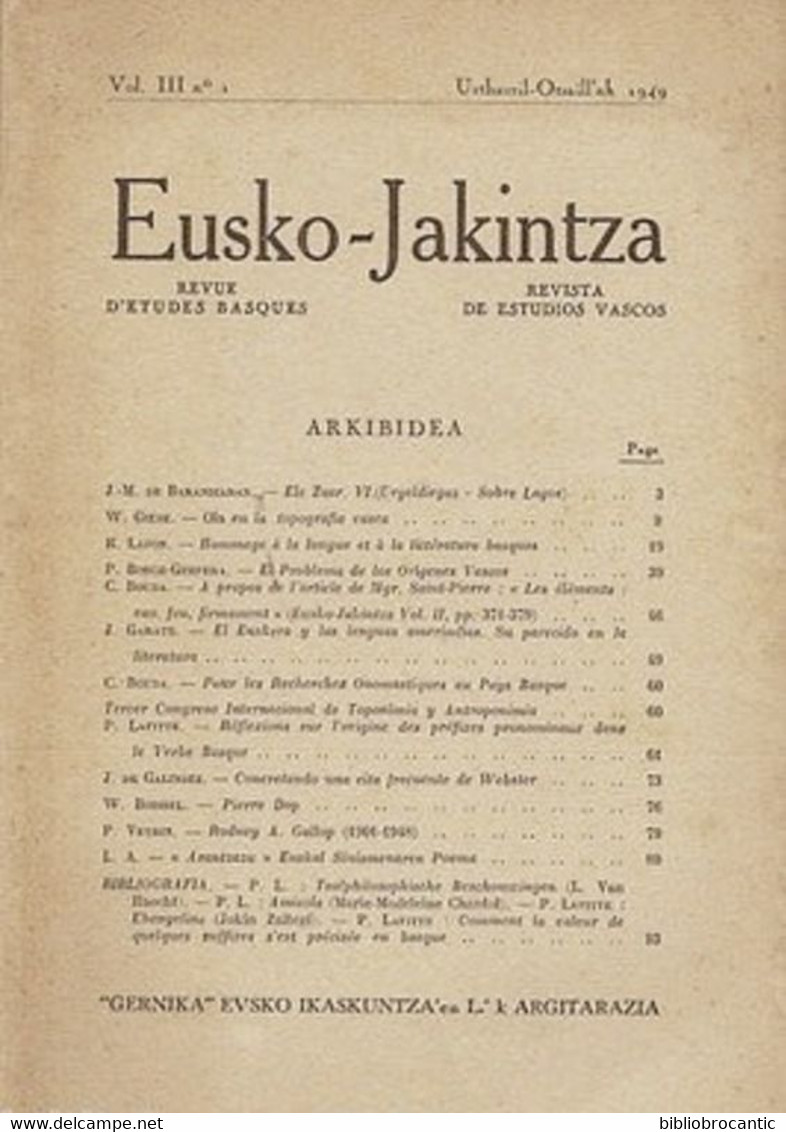 REVUE BASQUE:EUSKO-JAKINTZA V. III N°1 < TOPOGRAFIA VASCA +(Sommaire Sur Scan) - Pays Basque
