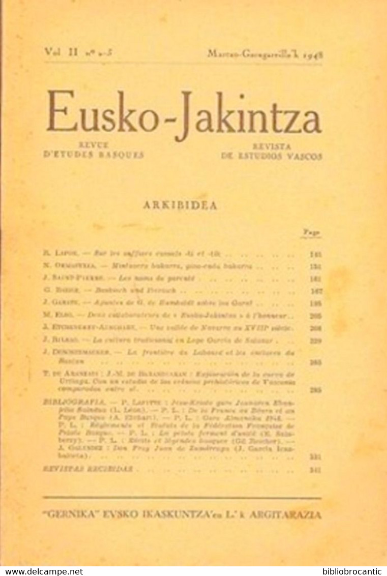 REVUE BASQUE"EUSKO-JAKINTZA"V.II N°2-3 < NAVARRE XVIIIe S.(voir Sommaire Scanné) - Baskenland