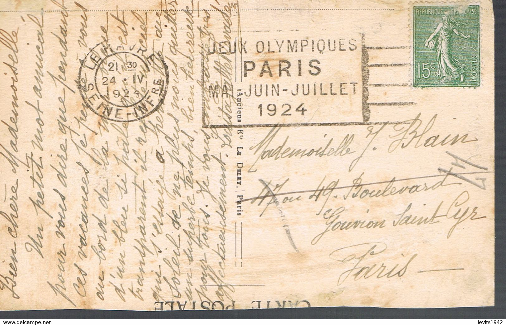MARQUE POSTALE -  JEUX OLYMPIQUES 1924 - LE HAVRE - 24-04-1924 - - Zomer 1924: Parijs