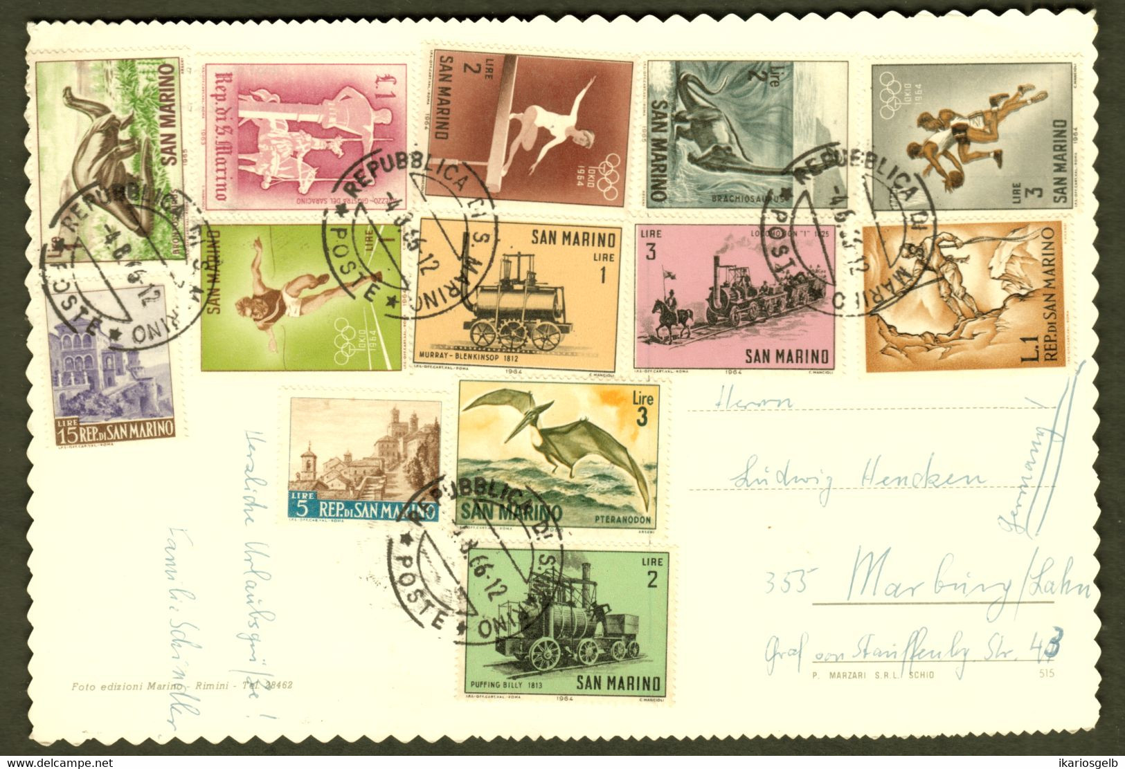 San Marino 1966 Postcard Deco Franked 13 Commemorative Stamps Real Used > Marburg Germany A5 - Lettres & Documents