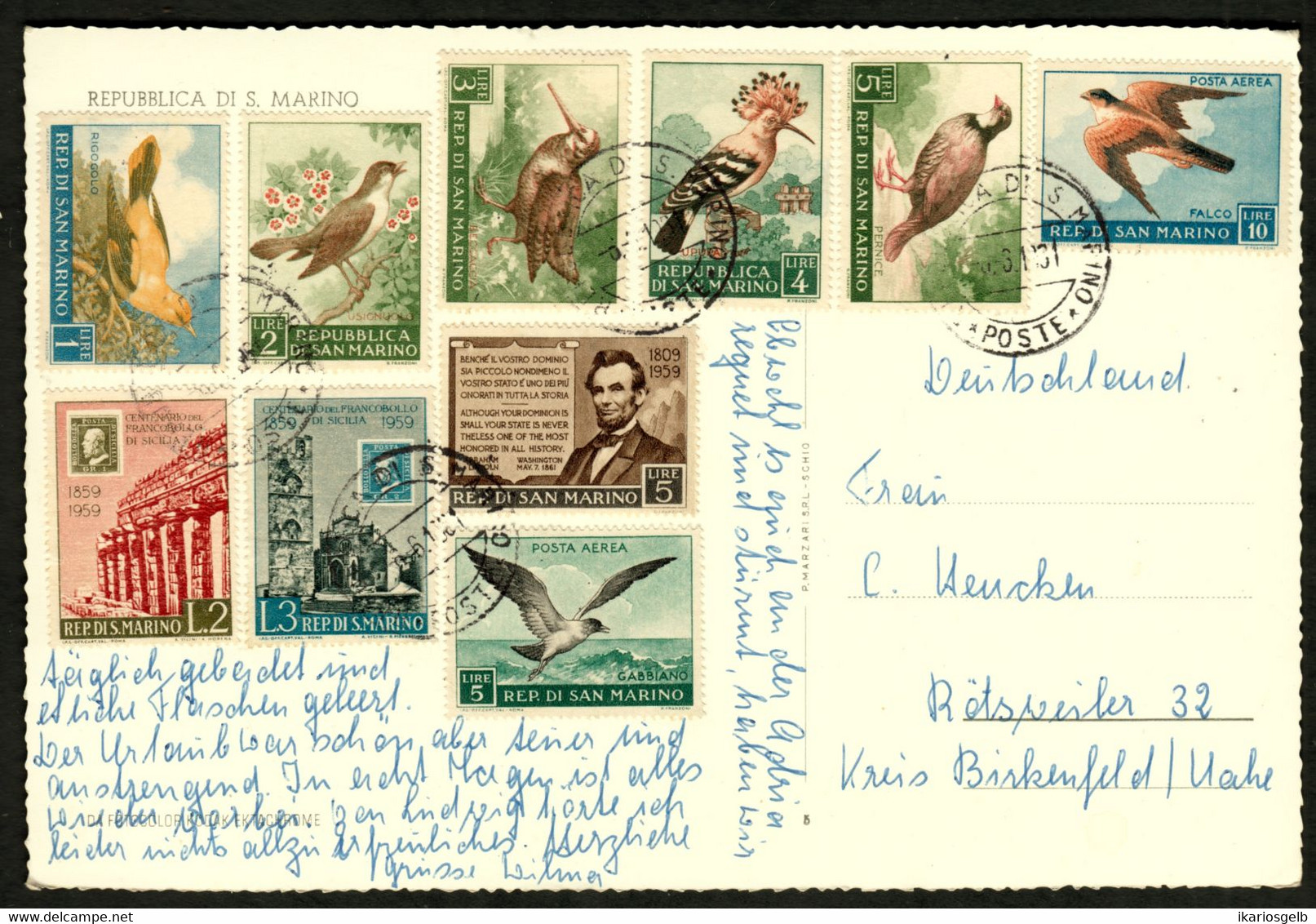 San Marino 1961 Postcard Deco Franked 10 Commemorative Stamps Real Used > Birkenfeld Retsweiler Germany A5 - Brieven En Documenten