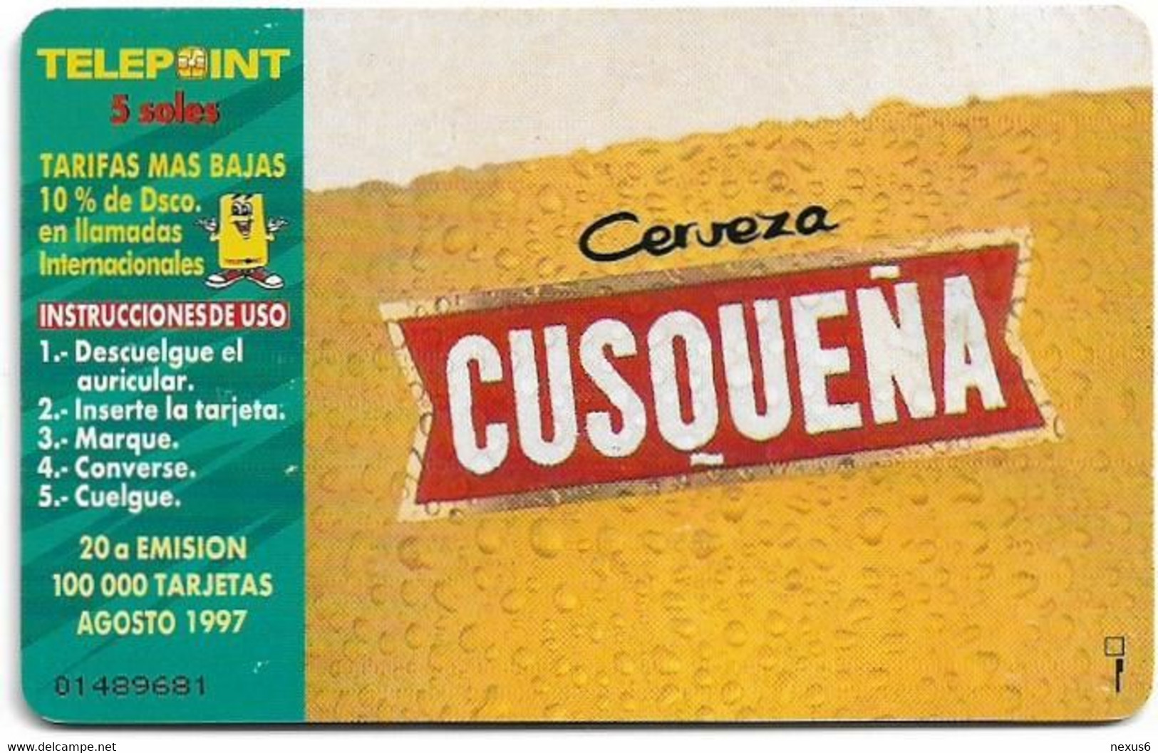 Peru - Telepoint - Beer Cusqueña, 08.1997, 5Sol, 100.000ex, Used - Pérou