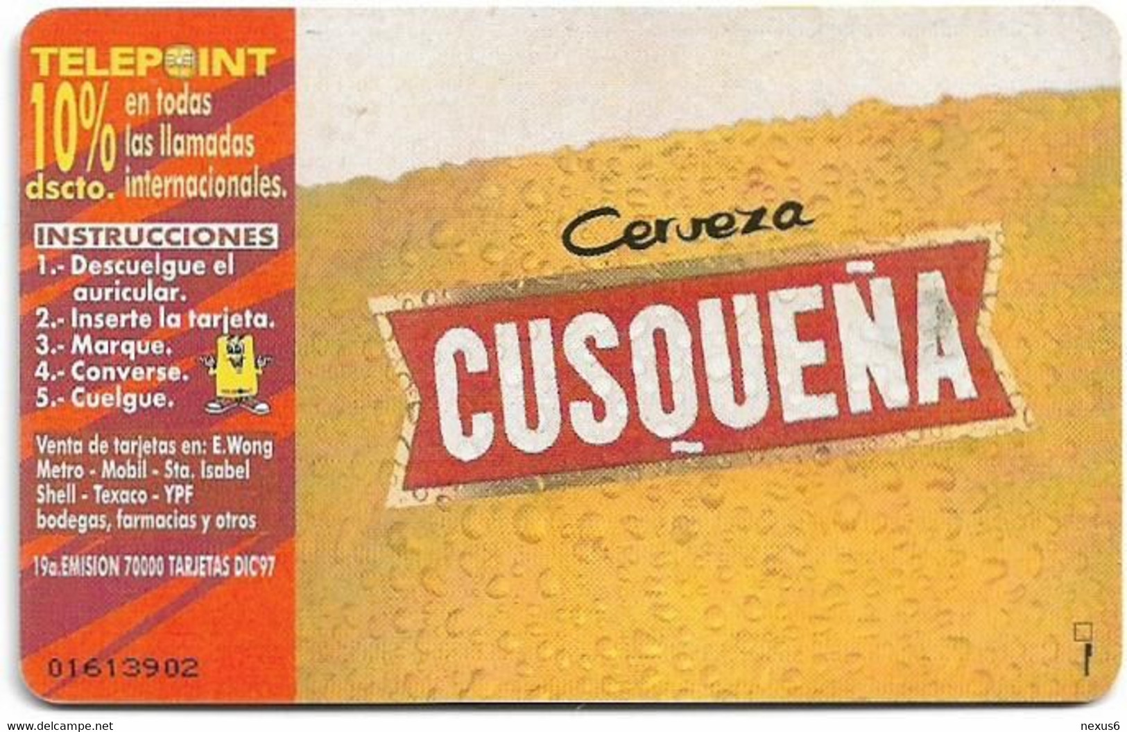 Peru - Telepoint - Beer Cusqueña, 12.1997, 10Sol, 70.000ex, Used - Peru