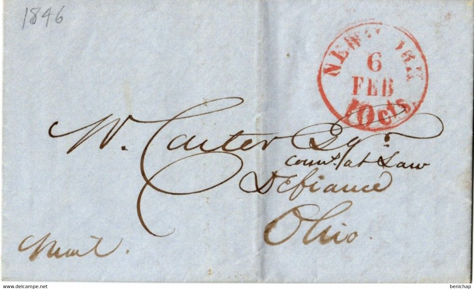 (R87) USA - Cover - Red Cancellation 10 Cts - New-York 6 Féb 1846 - Defiance - Ohio. - …-1845 Prephilately