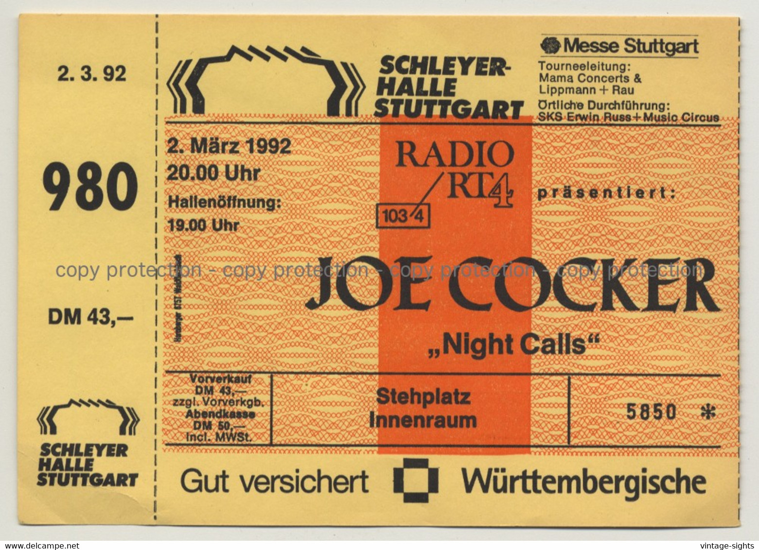 Joe Cocker - Night Calls Tour '92 Ticket N° 5850 Stuttgart - Unused (Vintage Memorabilia) - Konzertkarten