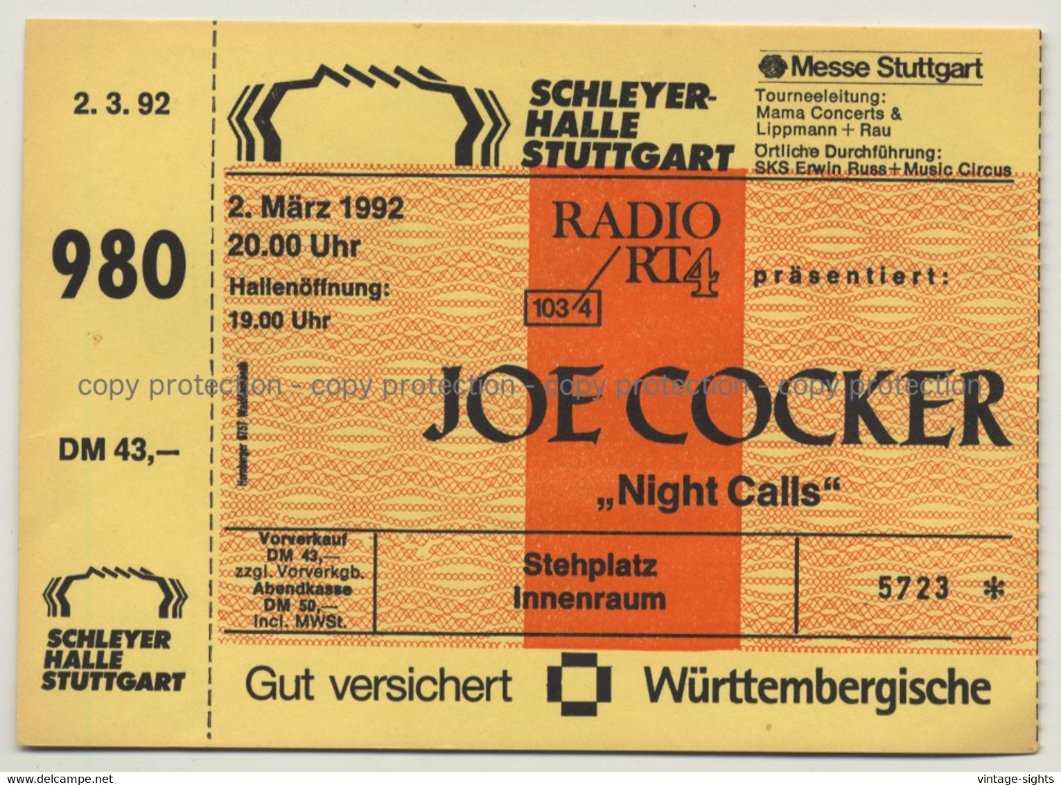 Joe Cocker - Night Calls Tour '92 Ticket N° 5723 Stuttgart - Unused (Vintage Memorabilia) - Konzertkarten