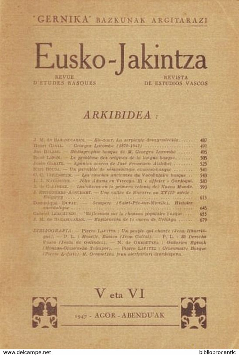 REVUE BASQUE:EUSKO-JAKINTZA V&VI 1947: Langue Basque < NAVARRE: BAÏGORRY(sommaire Sur Scan) - Baskenland