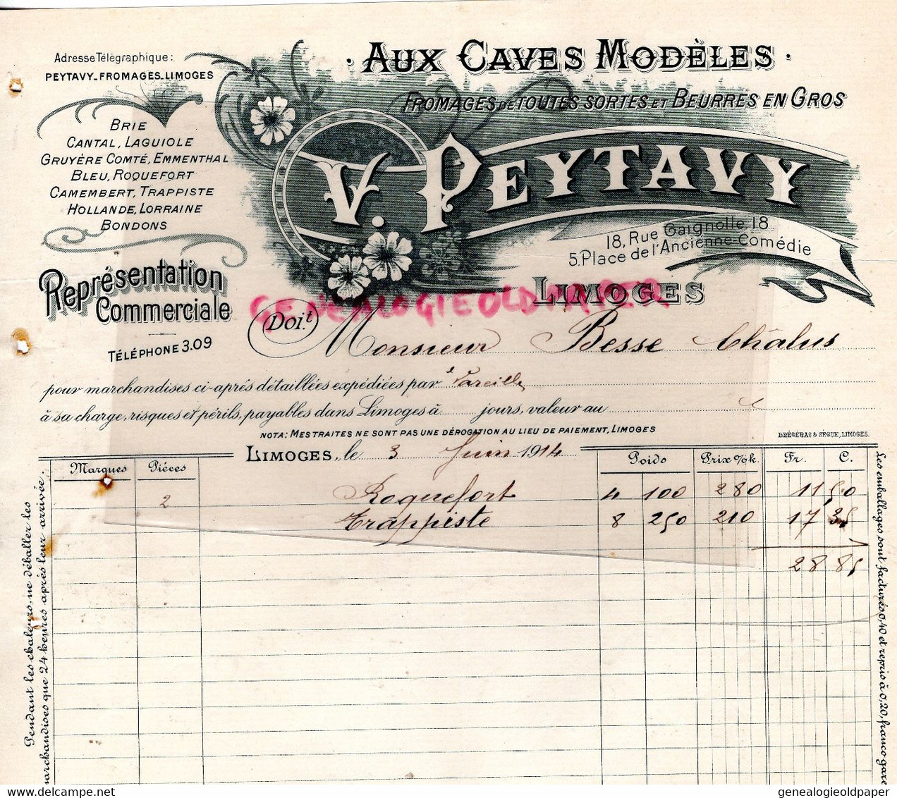 87- LIMOGES- FACTURE V. PEYTAVY- FROMAGES-ROQUEFORT-CAMEMBERT-18 RUE CAIGNOLLE- 1902 A M. BESSE CHALUS -1914 - Food