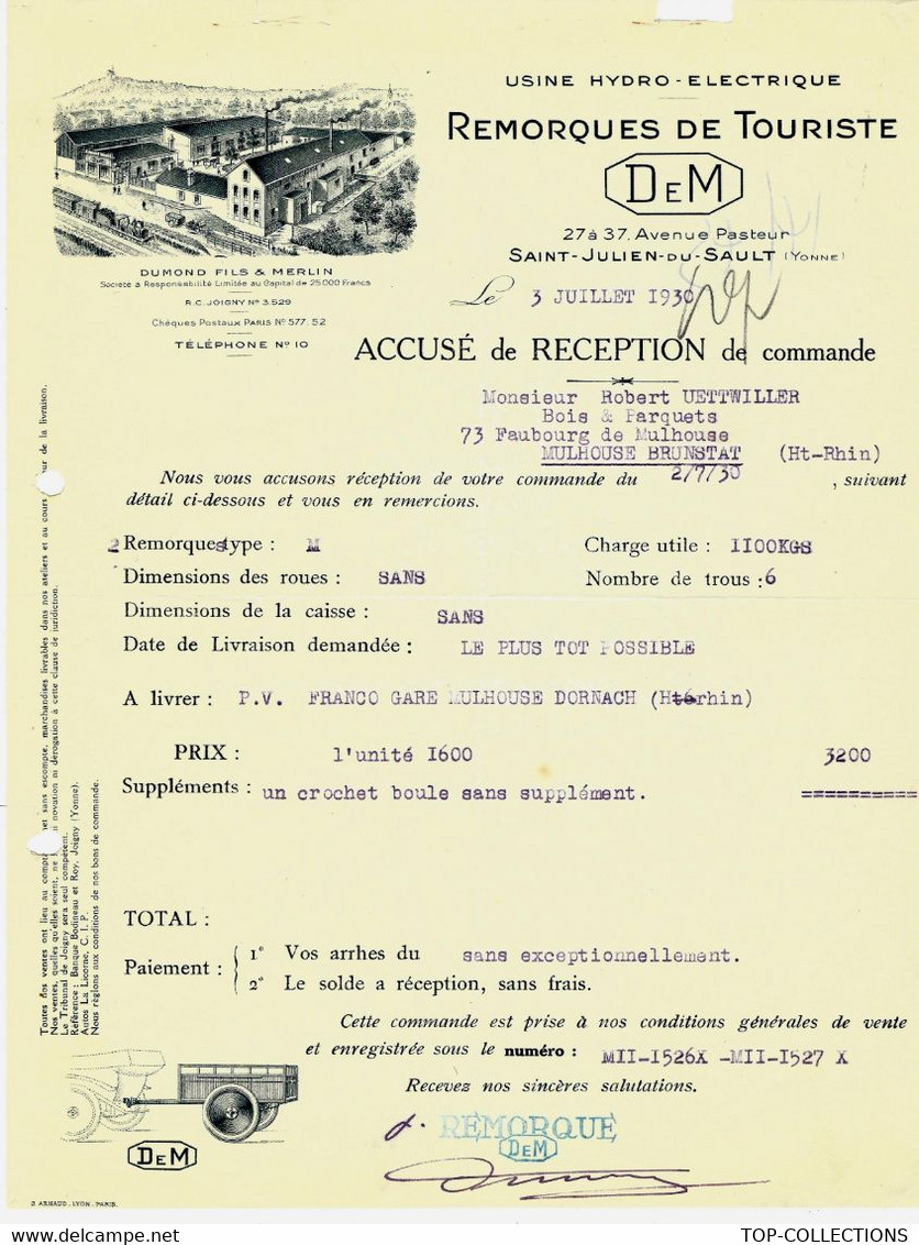 1930 AUTOMOBILES  USINE HYDRO ELECTRIQUE 1930  DEM REMORQUES DE TOURISME St Julien Du Sault Yonne  Mulhouse Haut Rhin - 1900 – 1949