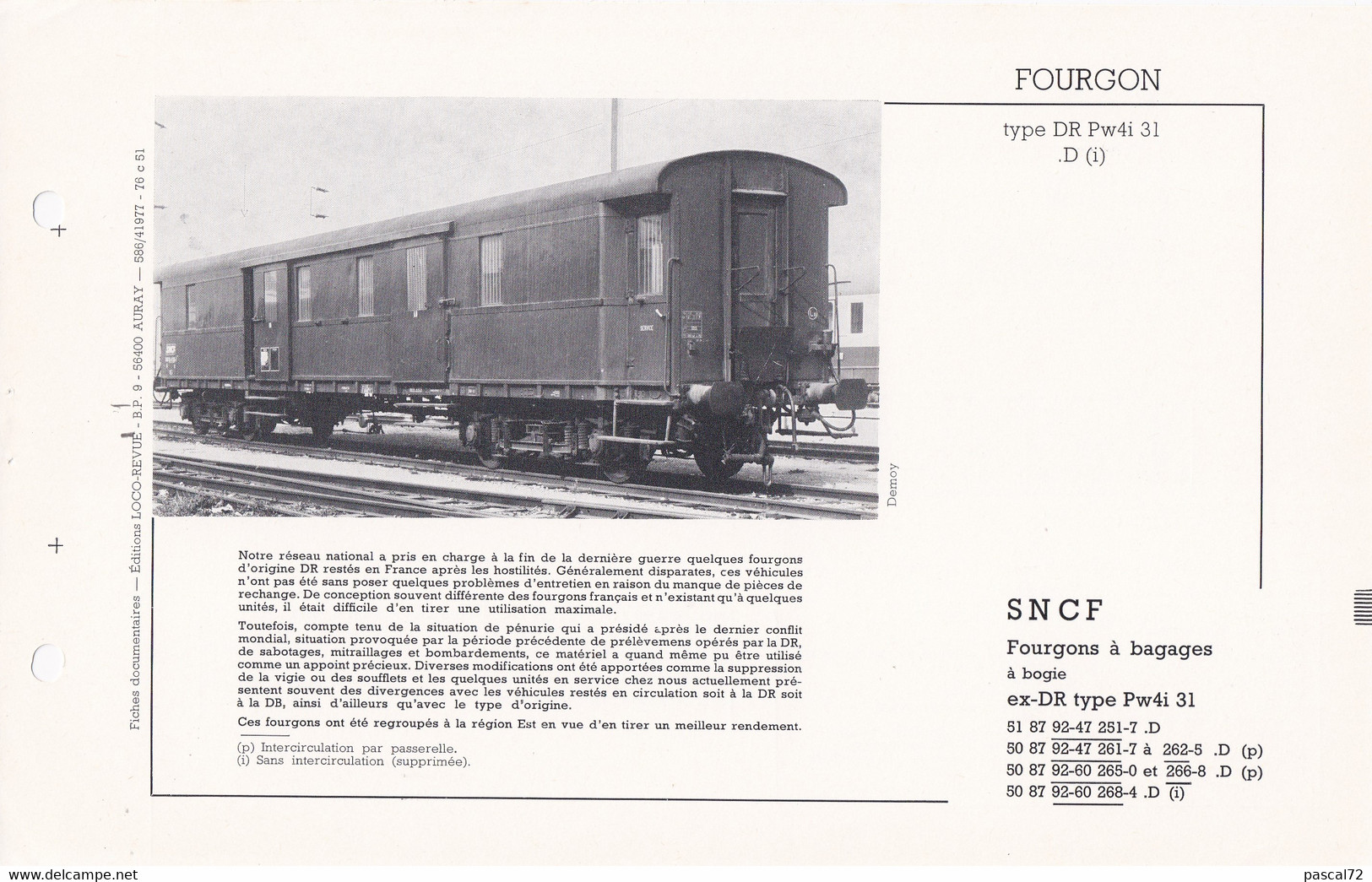 FOURGON TYPE DR FICHE DOCUMENTAIRE LOCO REVUE N° 586 AVRIL 1977 - Français