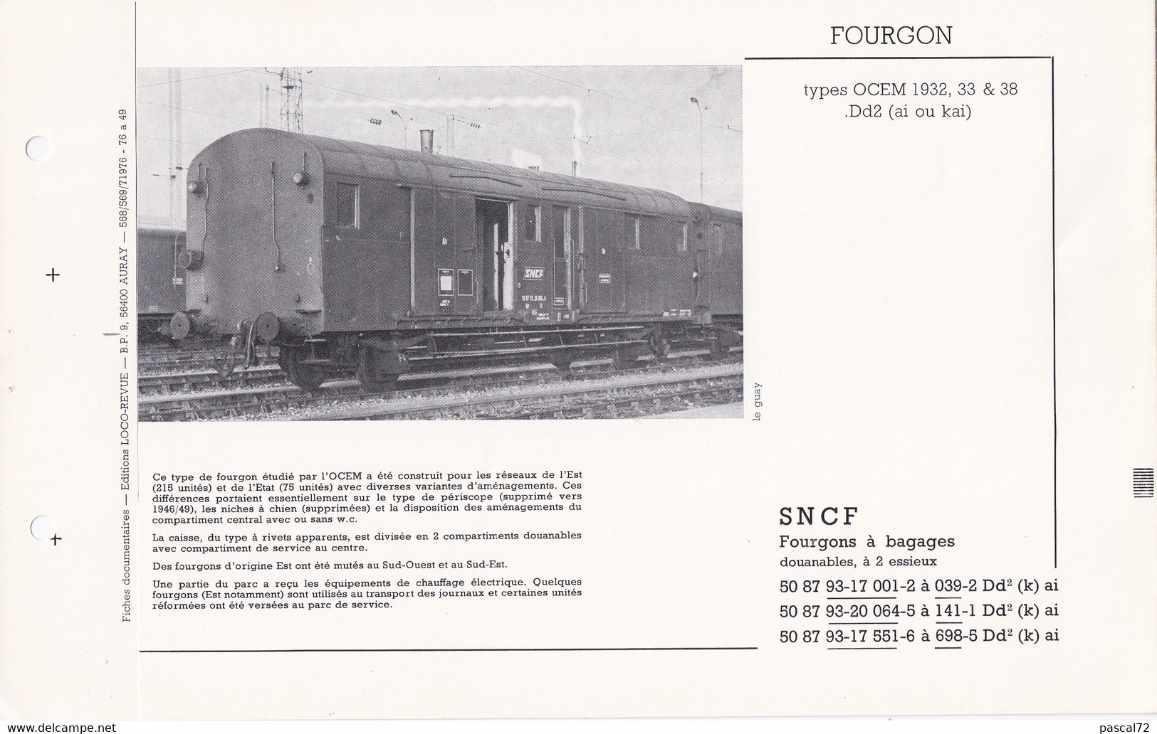 FOURGON TYPES OCEM FICHE DOCUMENTAIRE DOUBLE LOCO REVUE N° 588/589 JUILLET 1976 - French