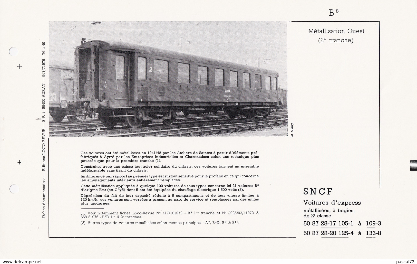 VOITURE B8 FICHE DOCUMENTAIRE LOCO REVUE N° 657 JUILLET 1976 - Francés