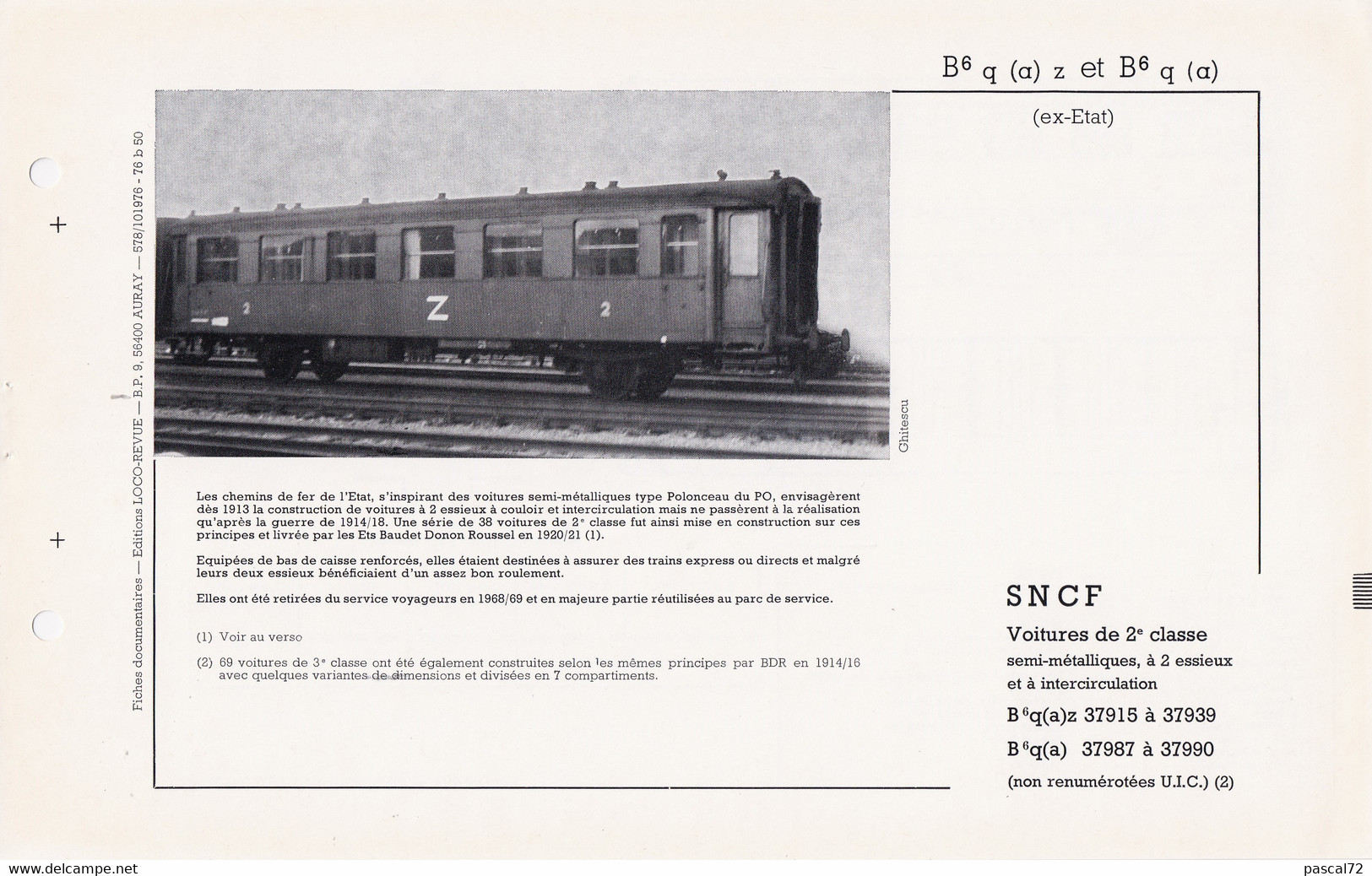 VOITURE B6q FICHE DOCUMENTAIRE LOCO REVUE N° 578 OCTOBRE 1976 - Français