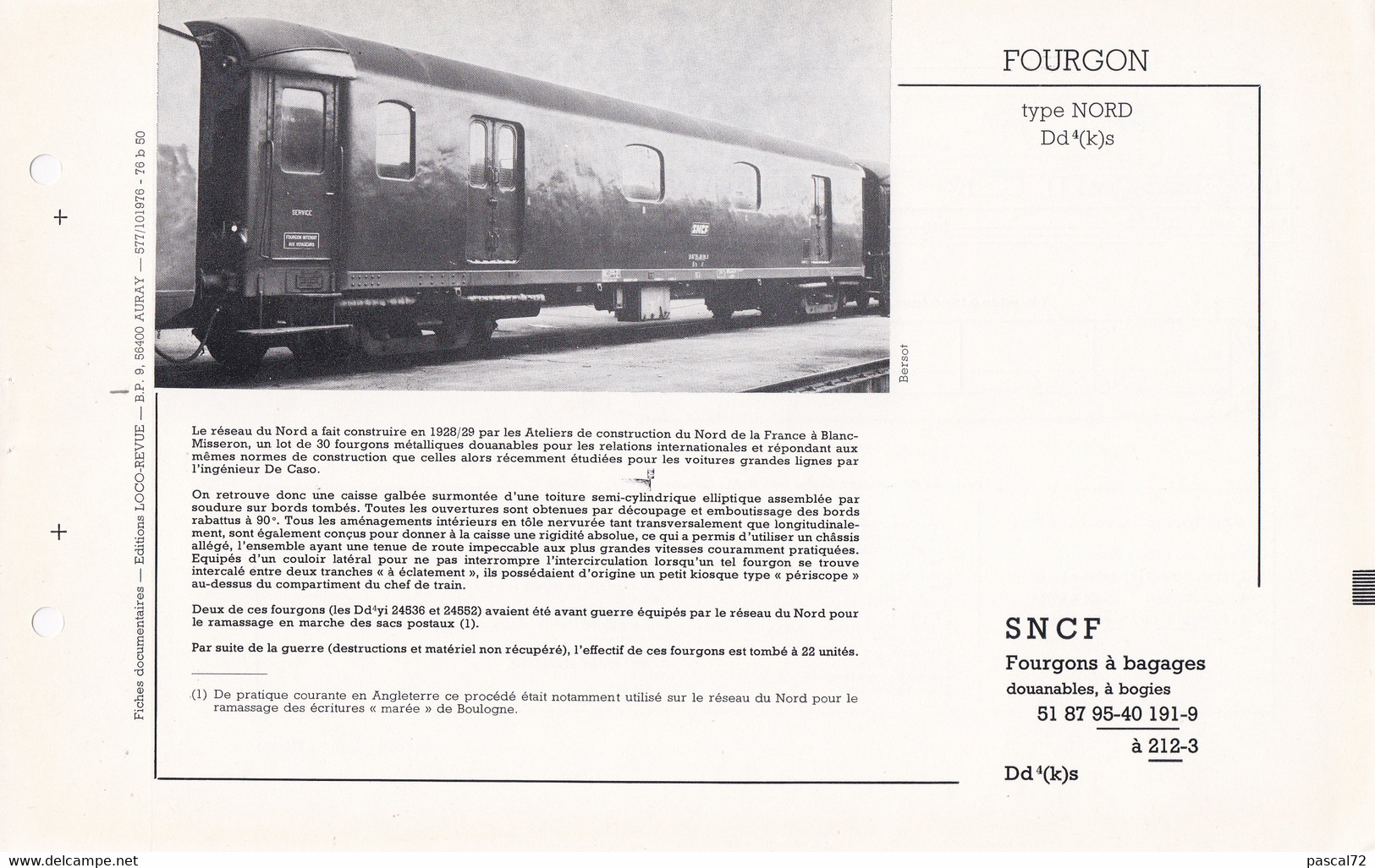 FOURGON TYPE NORD FICHE DOCUMENTAIRE LOCO REVUE N° 577 OCTOBRE 1976 - Francés