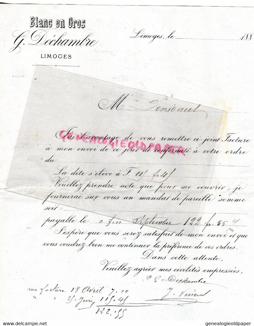 87- LIMOGES- RARE FACTURE 1883- G. DECHAMBRE-CONFECTION ST SAINT PIERRE LES CALAIS-SAINT GALL-19 RUE ANDEIX MANIGNE - Textile & Vestimentaire