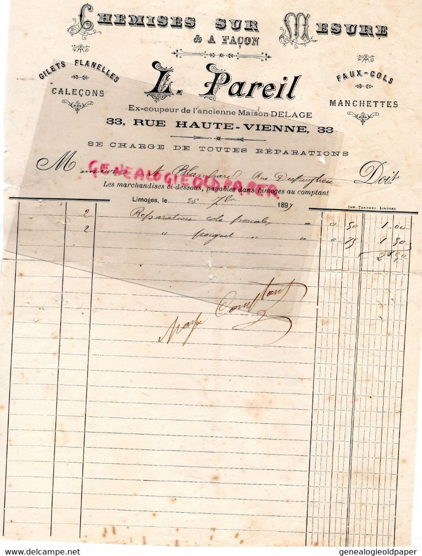 87- LIMOGES- RARE FACTURE 1889- L. PAREIL- EX COUPEUR MAISON DELAGE-CHEMISES SUR MESURE FLANELLES-33 RUE HAUTE VIENNE - Kleidung & Textil