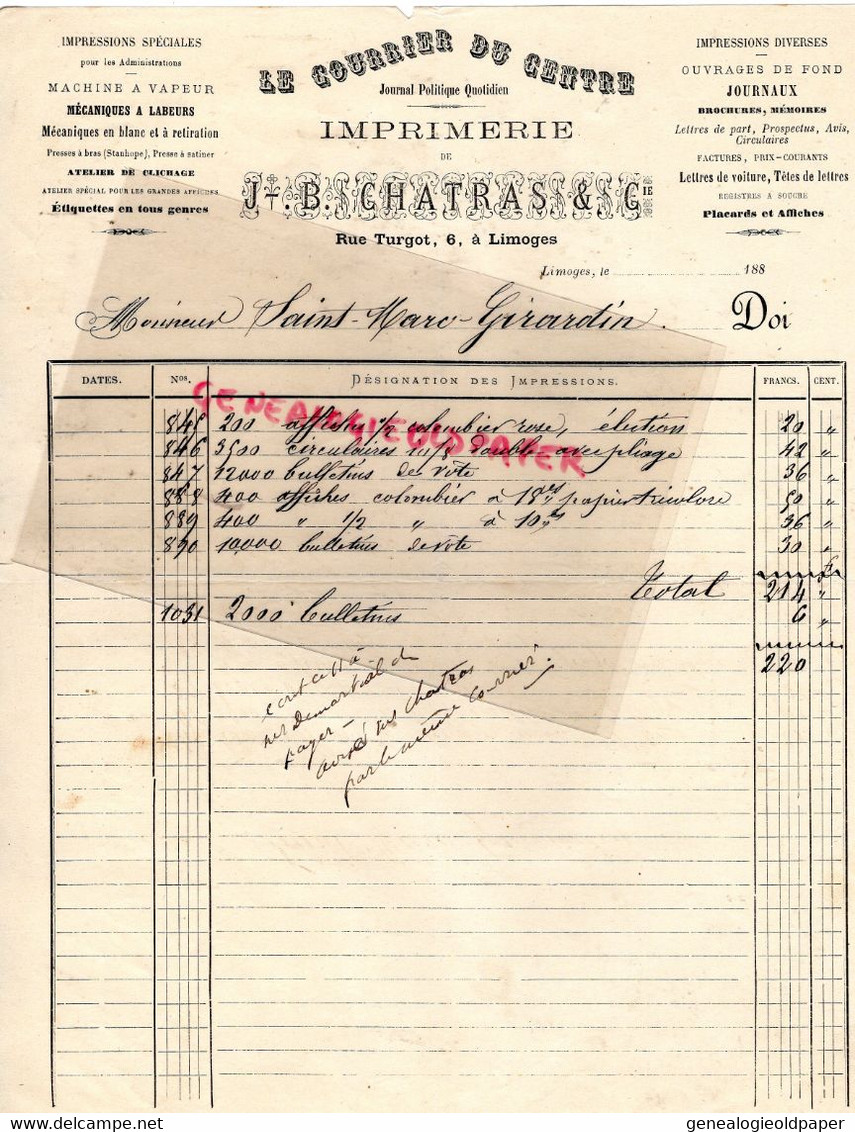 87 - LIMOGES- RARE FACTURE IMPRIMERIE  J.B. CHATRAS- 8 RUE TURGOT- COURRIER DU CENTRE- 1880- ST SAINT MARC GIRARDIN - Druck & Papierwaren